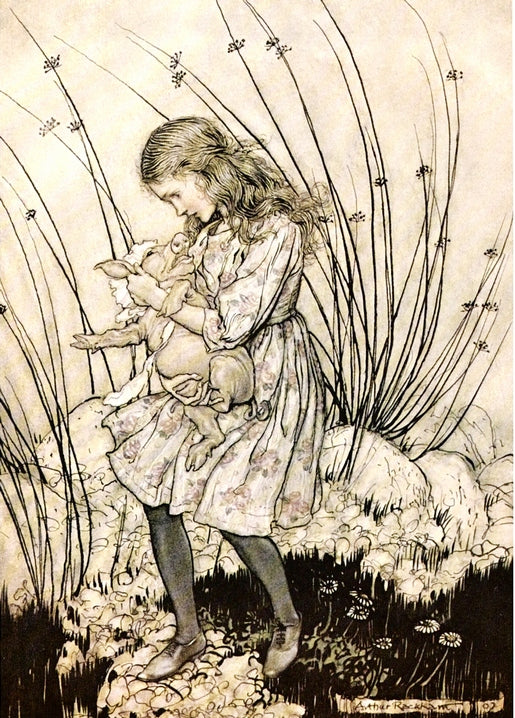 Arthur Rackham illustration of Alice tenderly holding a piglet among tall reeds and daisies.