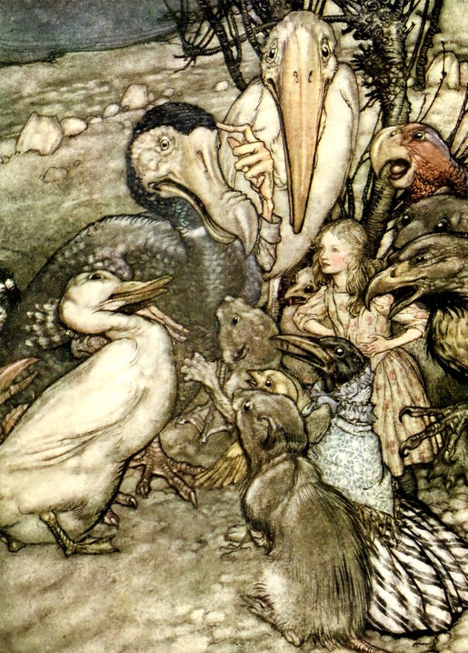 Muted vintage illustration of Alice surrounded by the Dodo, a pelican, and a crowd of curious birds.