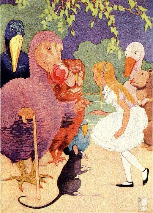 Alice meets the Dodo, Duck, Eaglet and a mouse in the Caucus-Race scene