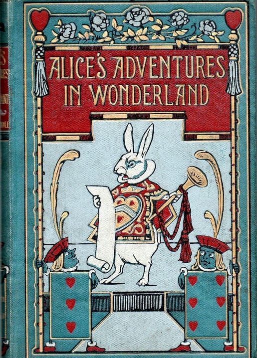 Antique book cover illustration of Alice's Adventures in Wonderland with the White Rabbit