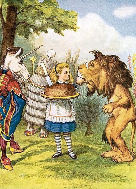 Illustration of Alice holding a cake between the Lion and the Unicorn from Through the Looking-Glass.