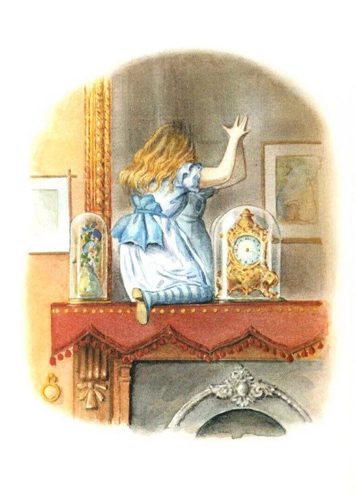 Watercolor illustration of Alice climbing onto a mantelpiece, reaching toward the mirror above the fireplace.