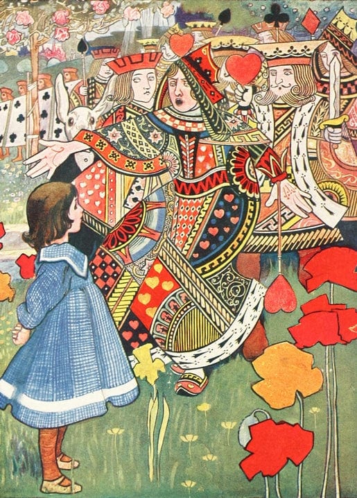 Postkarte mit Alice vor der Herzkönigin in einem Garten voller roter Mohnblumen