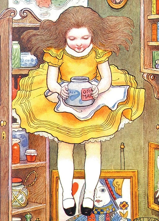 Illustration von Alice, die an Regalen vorbeifällt und ein Marmeladenglas hält