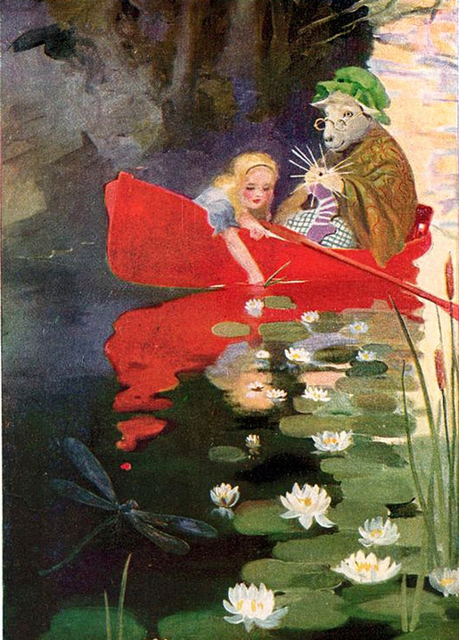 Alice rows a red boat through water lilies while the Sheep knits, illustration from Through the Looking-Glass