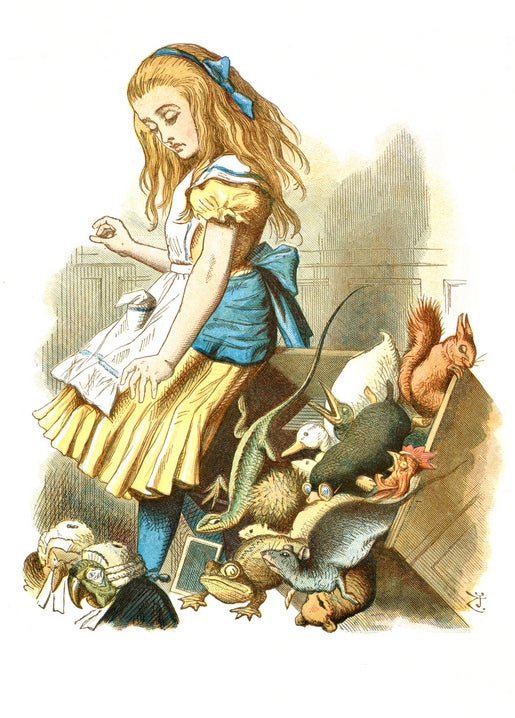 Vintage-Illustration von Alice mit Eichhörnchen, Mäusen, Eidechse und Frosch