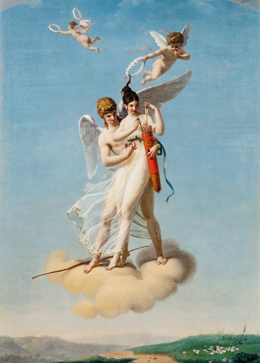 Classical allegorical painting of Summer: two winged figures with cherubs and arrows, by Jean-Baptiste Debret