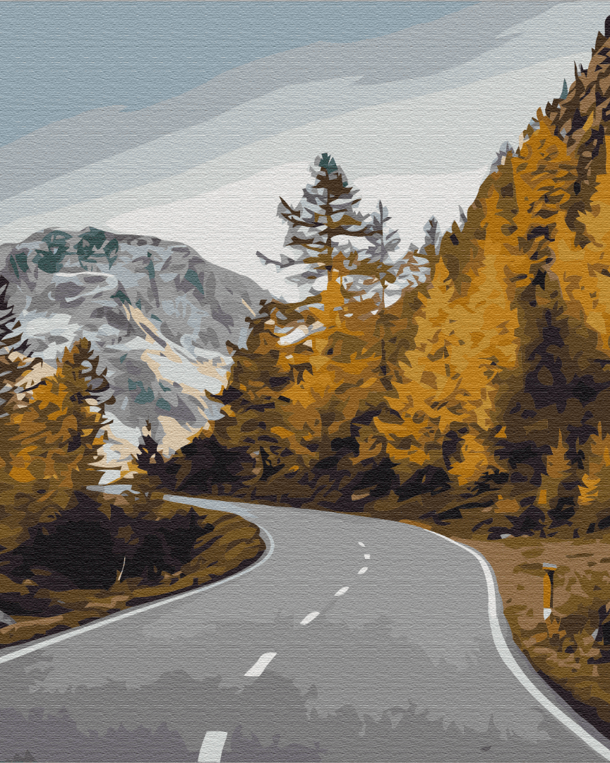 Painting by numbers of a mountain road with golden autumn larches and a snow-capped peak