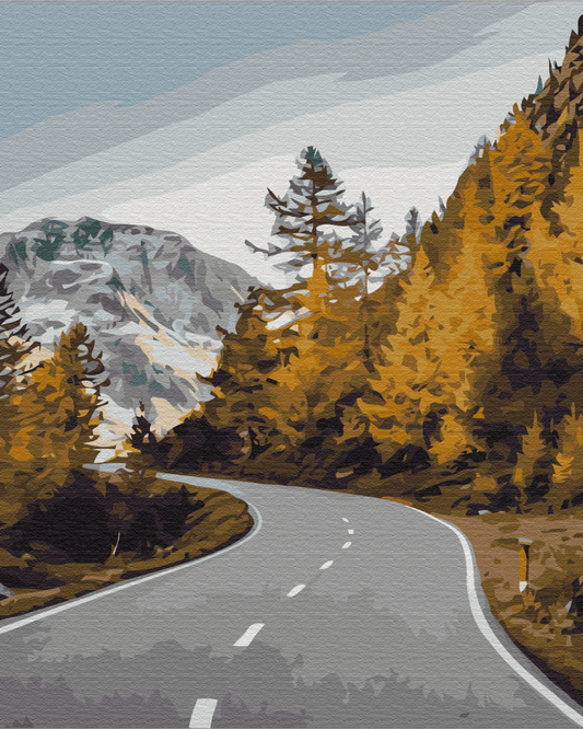 Painting by numbers of a mountain road with golden autumn larches and a snow-capped peak