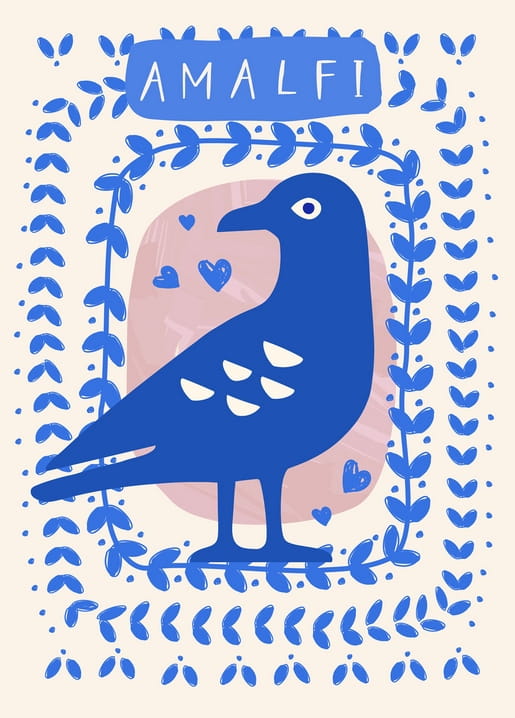 Blauer Vogel im Volkskunst-Stil mit Schriftzug Amalfi und Blätterkranz