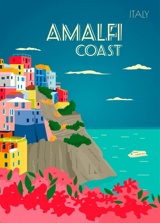 Retro-Reiseposter der italienischen Amalfiküste mit pastellfarbenen Häusern und Bougainvillea