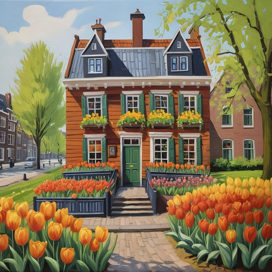 Illustration of a red-brick Amsterdam canal house with tulip beds in full bloom