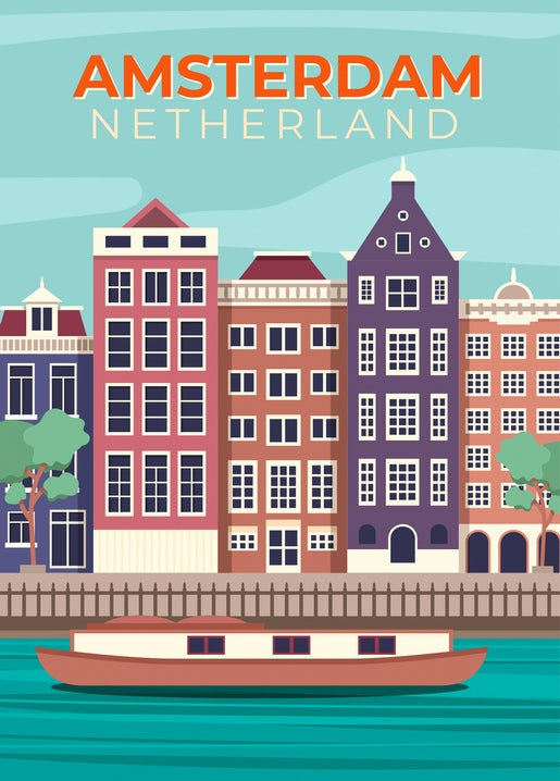Retro-Reiseplakat mit Amsterdams Grachtenhäusern und einem Hausboot auf dem Wasser