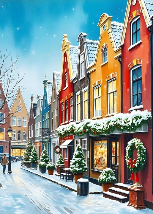 Colorful gabled townhouses decorated for Christmas on a snowy Amsterdam street