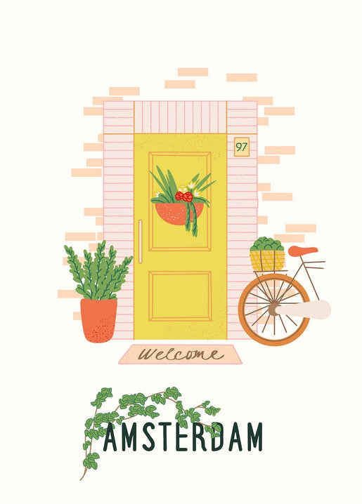 Illustration einer gelben Tür in Amsterdam mit Blumenkranz, Topfpflanzen und Fahrrad