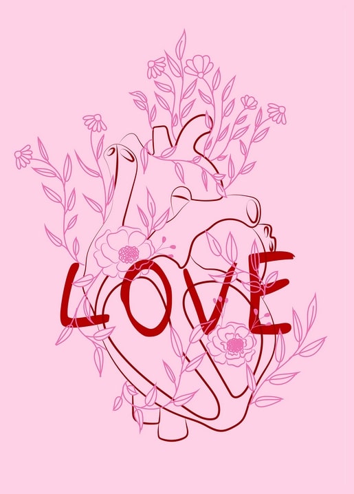 Line-art anatomical heart entwined with flowers and the word ‘Love’ in red on pink