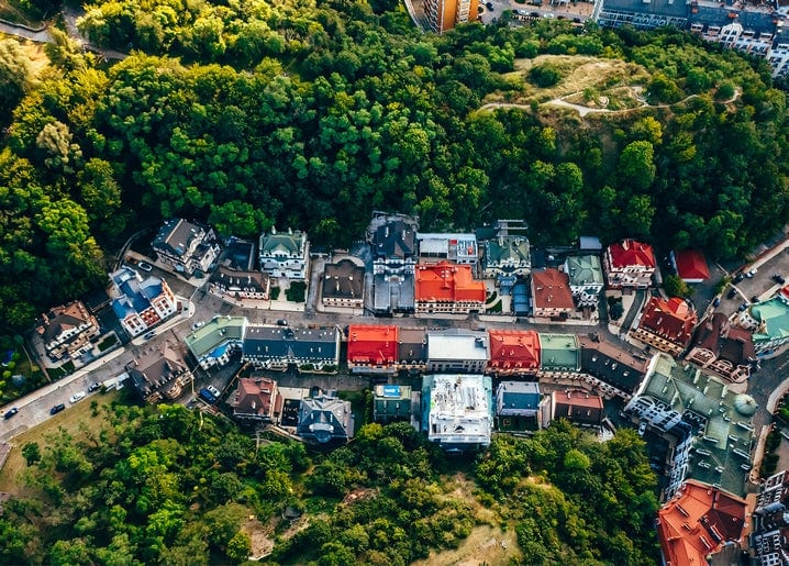 Aerial view of Andriivsky Descent's colorful rooftops in Kyiv