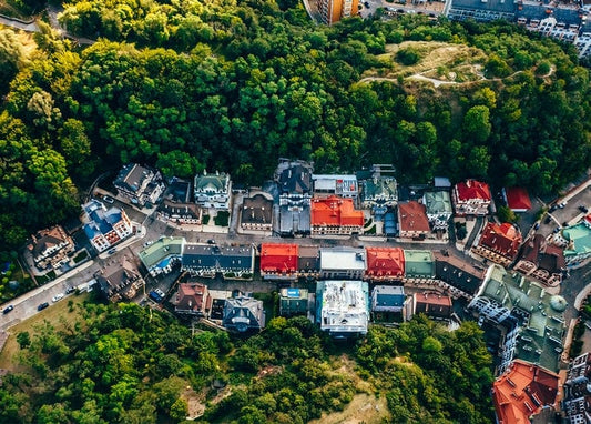 Aerial view of Andriivsky Descent's colorful rooftops in Kyiv