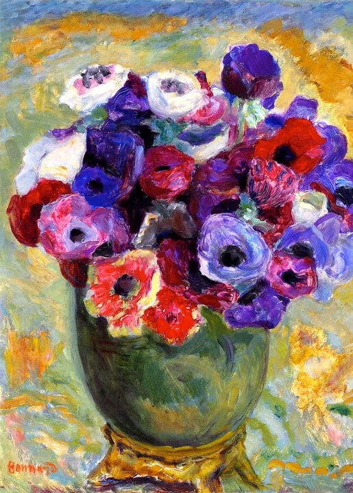 Oil painting of red, violet, white and pink anemones in a green vase on a gilt foot, signed Bonnard