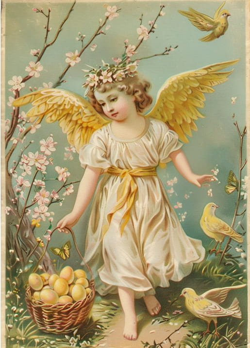 Vintage-Illustration eines Engels mit goldenen Flügeln, der Ostereier in einem Korb zwischen blühenden Zweigen sammelt