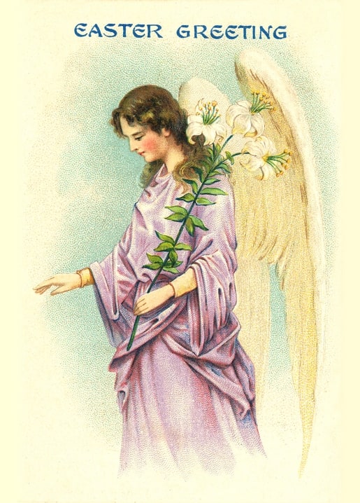 Vintage-Illustration eines Engels im fliederfarbenen Gewand mit weißen Lilien