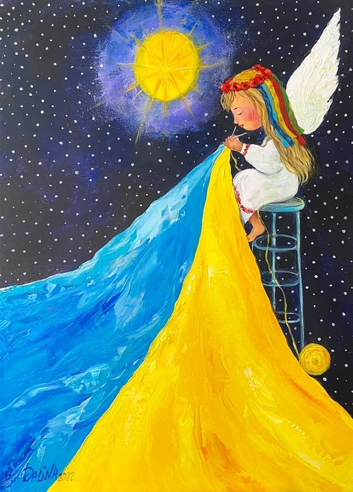 Winged angel child sewing a blue and yellow Ukrainian flag beneath a glowing star at night