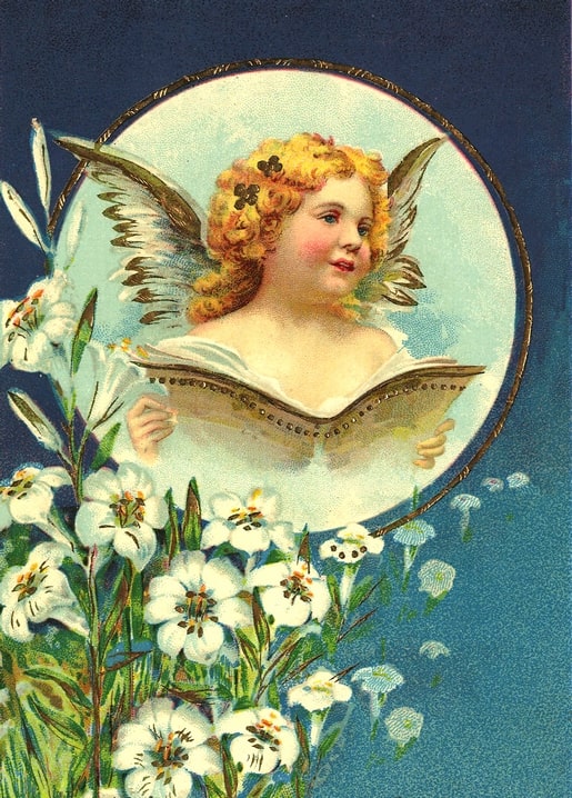 Illustration eines Engels mit aufgeschlagenem Buch in rundem Rahmen zwischen weißen Lilien.