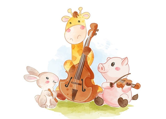 Aquarell-Giraffe am Kontrabass, Schwein an der Geige und Hase im Waldtrio