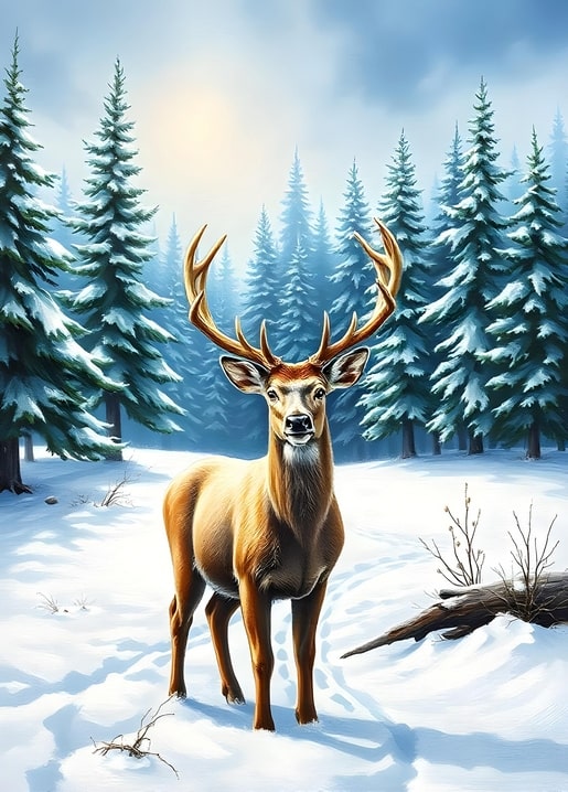 Stag with large antlers standing in a sunlit, snow-covered pine forest