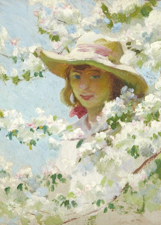Woman's face amid white apple blossoms, wearing a straw hat with pink ribbon, oil painting reproduction.