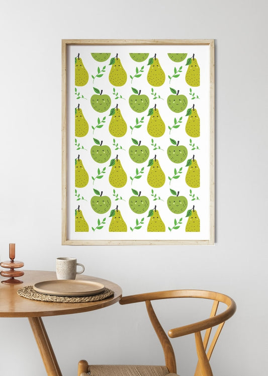 Apple and pear pattern poster hanging above a round wooden dining table