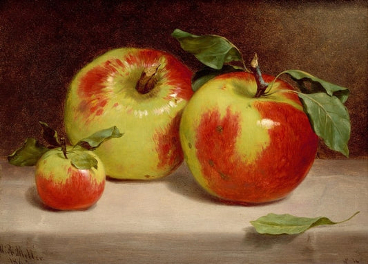 Gemälde mit zwei großen rot-grünen Äpfeln und einem kleinen Apfel auf schlichter Tischplatte.