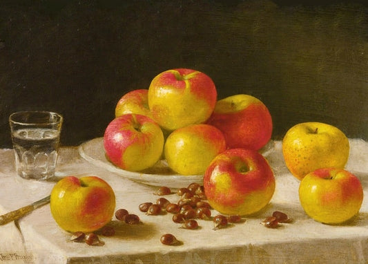 Stillleben mit Äpfeln und Kastanien auf einem Tisch, gemalt von John F. Francis