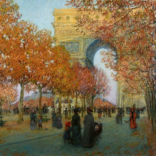 Impressionistisches Gemälde des Triumphbogens umgeben von herbstlichen Bäumen und Spaziergängern in Paris