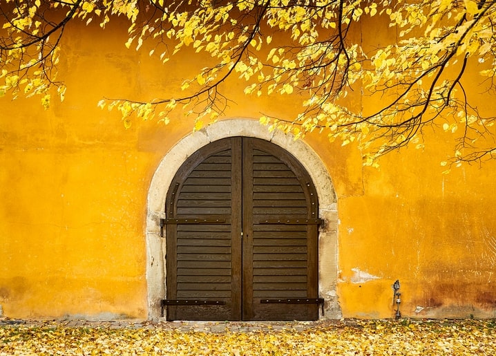 Hölzerne Bogentür mit Fensterläden an ockergelber Wand unter Herbstlaub