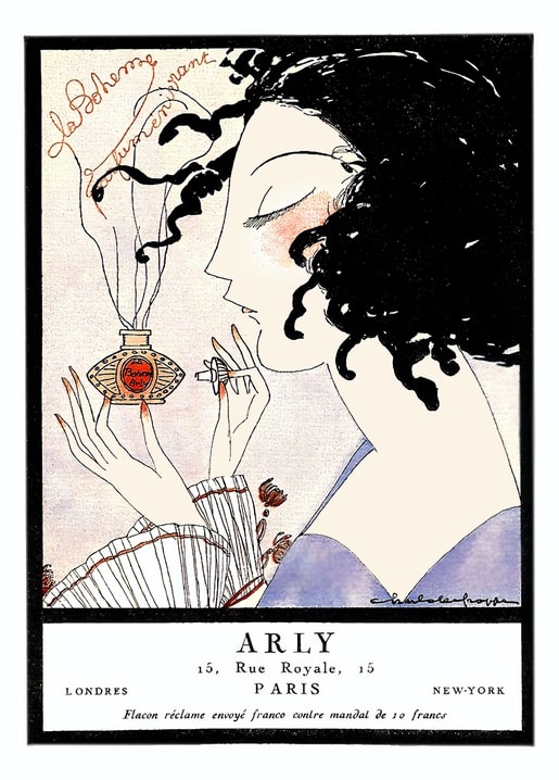 Art Deco illustration for Arly perfume, woman in profile applying “Le Bohème” scent