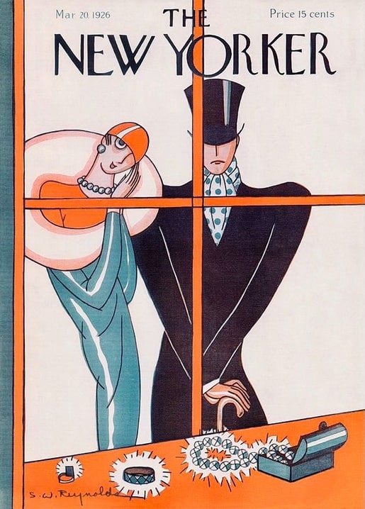 Art Deco couple at a window above a jewelry display, 1926 New Yorker cover postcard