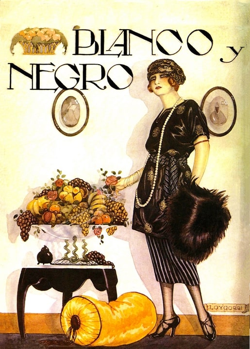 Art Deco illustration of a flapper in pearls and fur muff beside a table of fruit