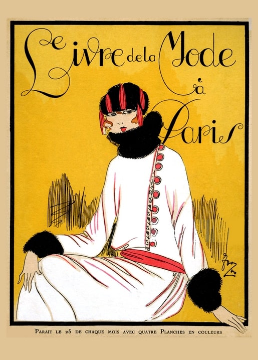 Seated woman in fur-trimmed white coat and red hat against yellow background, Art Deco fashion postcard