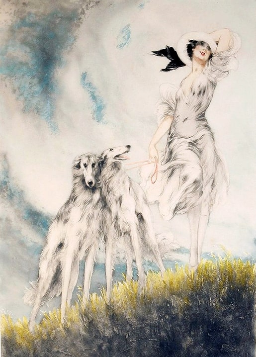 Art Deco illustration of a woman in a hat walking two borzoi dogs on a golden hillside