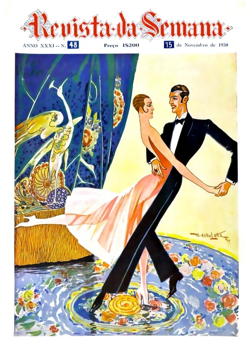 1930 art deco magazine cover with a couple dancing tango before a peacock curtain