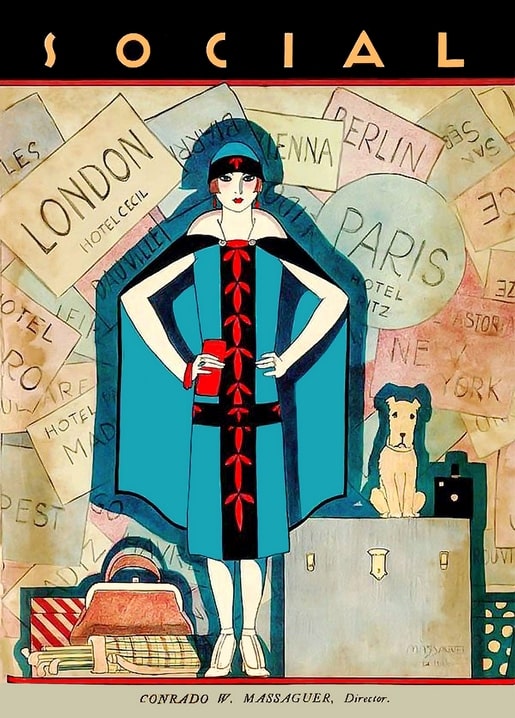 Art Deco magazine cover with a traveler in blue beside hotel labels from Paris, London and Berlin