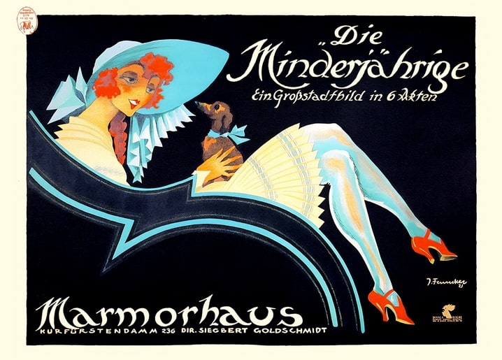 Art Deco illustration of a woman in a teal hat holding a dachshund, black and turquoise poster style
