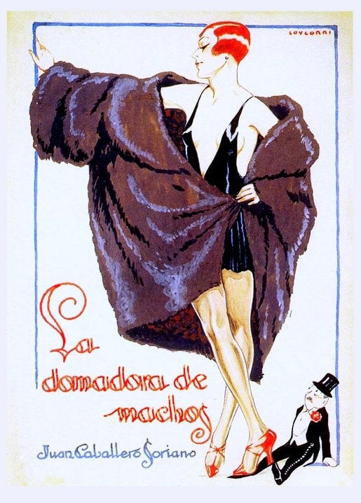 Art Deco illustration of a red-haired woman in a fur stole with a tiny man in a tuxedo at her feet