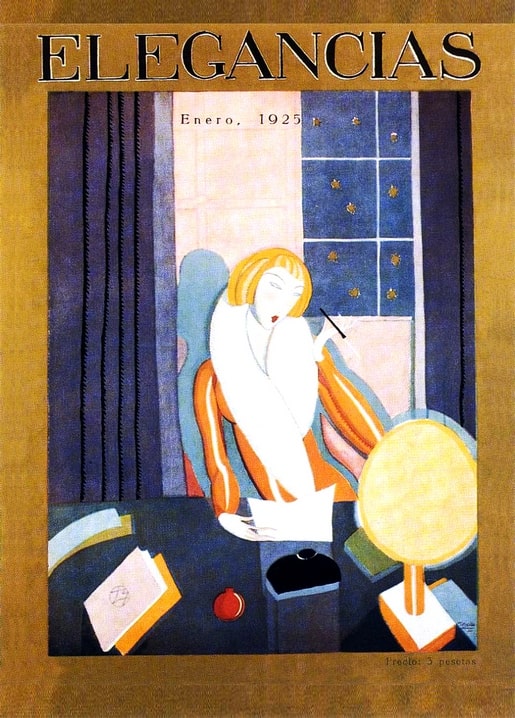 Art Deco illustration of a woman writing at her vanity, cover of Elegancias magazine, January 1925