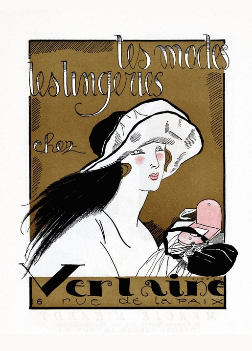 1920s Art Deco ad illustration: woman in a white bonnet with flowing dark hair, holding a pink bottle
