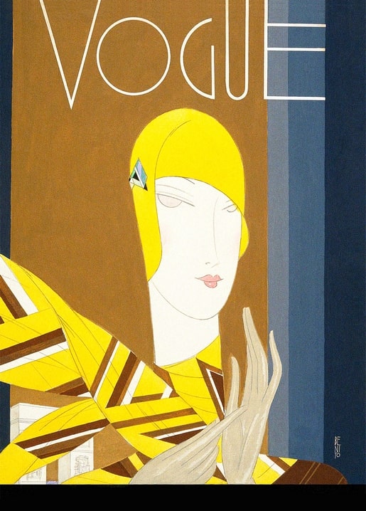 Art Deco illustration of a woman in a yellow turban and striped shawl, vintage Vogue cover style