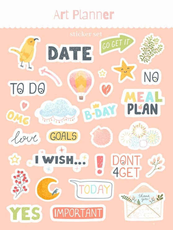 Аркуш наліпок А6 з написами DATE, TO DO, GOALS, MEAL PLAN та іконками канарки й повітряної кулі