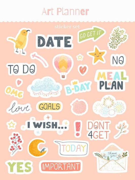 Аркуш наліпок А6 з написами DATE, TO DO, GOALS, MEAL PLAN та іконками канарки й повітряної кулі