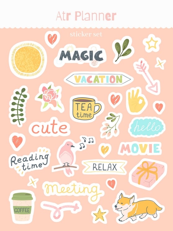 Аркуш наліпок А6 з написами Magic, Vacation, Tea Time, Relax, Movie, корги та пташкою, що співає